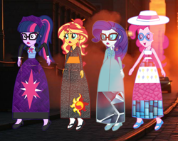 Size: 1344x1068 | Tagged: safe, artist:cartoonmasterv3, pinkie pie, rarity, sunset shimmer, twilight sparkle, ghost, human, undead, equestria girls, g4, clothes, dress, haunted, japanese, kimono (clothing), long dress, long skirt, maid, nerd, outdoors, skirt, summer dress