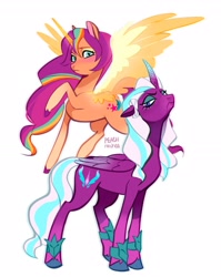 Size: 1998x2508 | Tagged: safe, artist:peachmichea, opaline arcana, sunny starscout, alicorn, earth pony, pony, g5, duo, duo female, ears back, female, horn markings, mane stripe sunny, mare, nose in the air, race swap, raised hoof, simple background, slender, spread wings, sunnycorn, thin, white background, wings