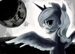 Size: 2429x1747 | Tagged: safe, artist:brainr0tter, princess luna, alicorn, pony, g4, aside glance, crescent moon, ear tufts, female, high res, looking at you, looking back, looking back at you, moon, no pupils, rear view, s1 luna, sitting, solo, spread wings, wings