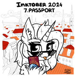 Size: 1000x1000 | Tagged: safe, artist:sunamoonmlp, derpibooru exclusive, oc, oc only, oc:sunamoon, alicorn, pony, g4, cute, estonia, female, horn, inktober, inktober 2024, passport, solo, sunglasses, tongue out, wings