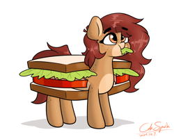 Size: 2500x2000 | Tagged: safe, artist:cdrspark, oc, oc only, oc:pencil test, earth pony, pony, cute, earth pony oc, eating, eyebrows, eyebrows visible through hair, female, food, herbivore, lettuce, mare, nom, panini, ponies in food, sandvich, simple background, solo, tomato, white background