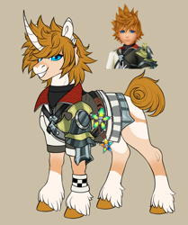 Size: 1280x1534 | Tagged: safe, artist:malinraf1615, human, pony, unicorn, beige background, coat markings, commission, facial markings, grin, horn, kingdom hearts, male, ponified, simple background, smiling, snip (coat marking), socks (coat markings), solo, stallion, unshorn fetlocks, ventus