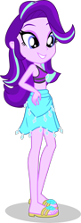 Size: 1533x4234 | Tagged: safe, alternate version, artist:dustinwatsongkx, starlight glimmer, human, equestria girls, g4, bare shoulders, barefoot, clothes, clothes swap, feet, female, hatless, missing accessory, rarity's blue sarong, rarity's purple bikini, sarong, simple background, sleeveless, solo, sports bra, swimsuit, swimsuit swap, transparent background, vector