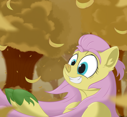 Size: 2600x2400 | Tagged: safe, artist:rapid9, fluttershy, pegasus, pony, g4, autumn, forest, grin, leaf on nose, leaves, nature, outdoors, smiling, solo, tree