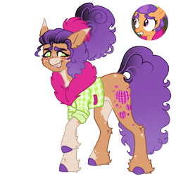 Size: 1000x1000 | Tagged: safe, artist:kazmuun, plaid stripes, earth pony, pony, series:kazmuun's drawing every pony, g4, the saddle row review, alternate design, alternate eye color, alternate mane color, alternate tail color, blush lines, blushing, braces, cascading cutie mark, clothes, coat markings, colored, colored eartips, colored eyebrows, colored hooves, colored lineart, curly mane, curly tail, dappled, ear fluff, eyelashes, facial markings, female, flat colors, freckles, fur coat, gradient eyebrows, gradient mane, gradient tail, green eyes, hock fluff, hooves, leg markings, long mane, long tail, looking away, looking back, neck fluff, orange coat, pale belly, ponytail, purple mane, purple tail, raised hoof, redesign, rolled up sleeves, screencap reference, shirt, signature, simple background, smiling, snip (coat marking), socks (coat markings), solo, standing, tail, tall ears, teenager, three quarter view, tied mane, transparent background, unshorn fetlocks, white pupils