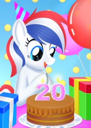 Size: 1240x1754 | Tagged: safe, artist:leonkay, oc, oc only, oc:britannia (uk ponycon), pony, 20th birthday, balloon, birthday cake, cake, female, food, mare, no neck, present, solo