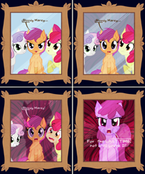 Size: 2000x2400 | Tagged: safe, artist:sixes&sevens, apple bloom, berry punch, berryshine, scootaloo, sweetie belle, earth pony, pegasus, pony, unicorn, g4, bloody mary, bow, comic, cutie mark crusaders, female, filly, foal, hair bow, horn, mare, mirror, orange coat, purple mane, purple tail, red mane, red tail, scared, tail, two toned mane, two toned tail, white coat, yellow coat