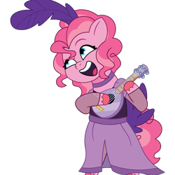 Size: 1200x1200 | Tagged: safe, artist:prixy05, pinkie pie, earth pony, pony, g4, g5, my little pony: tell your tale, bard, bard pie, bipedal, clothes, dress, fantasy class, feather, female, g4 to g5, generation leap, mandolin, mare, musical instrument, saloon dress, saloon pinkie, simple background, solo, transparent background, vector