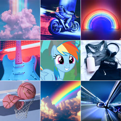 Size: 5306x5306 | Tagged: safe, edit, edited screencap, screencap, rainbow dash, human, pegasus, pony, g4, aesthetics, ball, basketball, basketball net, biker, biker jacket, blue, blue background, car, clothes, cloud, cool, driving, guitar, headphones, jacket, leather, leather jacket, light, moodboard, motorcycle, multicolored hair, musical instrument, neon, pink eyes, rainbow, rainbow background, rainbow hair, rock, shirt, simple background, sky, solo, sports