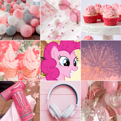 Size: 5306x5306 | Tagged: safe, edit, edited screencap, screencap, pinkie pie, earth pony, pony, g4, aesthetics, balloon, blanket, blue eyes, cake, cupcake, cute, drink, energy drink, fireworks, flower, food, glasses, headphones, heart shaped glasses, ice cream, monster energy, moodboard, pink, pink background, pink mane, simple background, solo, white, white background, wood