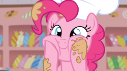 Size: 1920x1080 | Tagged: safe, screencap, pinkie pie, earth pony, pony, g4, season 5, the lost treasure of griffonstone, batter, chef, chef's hat, female, food, hat, hooves on face, indoors, kitchen, mare, pillarboxing, solo, squishy cheeks, sugarcube corner