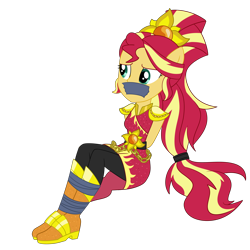 Size: 3000x3000 | Tagged: safe, artist:nie-martw-sie-o-mnie, sunset shimmer, human, equestria girls, g4, my little pony equestria girls: legend of everfree, bondage, bound and gagged, crystal guardian, female, femsub, gag, simple background, sitting, solo, submissive, subset, tape, tape bondage, tape gag, transparent background