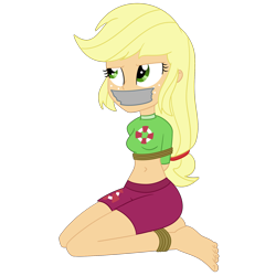 Size: 2000x2000 | Tagged: safe, artist:nie-martw-sie-o-mnie, applejack, human, equestria girls, g4, my little pony equestria girls: better together, turf war, applesub, bondage, bound and gagged, clothes, female, femsub, freckles, gag, kneeling, lifeguard applejack, rope, rope bondage, simple background, solo, submissive, swimsuit, tape, tape gag, transparent background