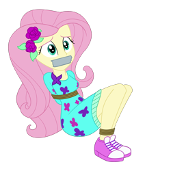 Size: 2000x2000 | Tagged: safe, artist:nie-martw-sie-o-mnie, fluttershy, human, equestria girls, festival filters, g4, my little pony equestria girls: better together, bondage, bound and gagged, female, femsub, flower, flower in hair, fluttersub, gag, rope, rope bondage, shoes, simple background, sneakers, solo, submissive, tape, tape gag, transparent background