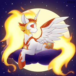 Size: 2000x2000 | Tagged: safe, artist:erein, daybreaker, alicorn, pony, g4, armor, beautiful, cloud, cute, digital art, ethereal mane, eyelashes, eyes closed, feather, female, flowing mane, flowing tail, gradient background, helmet, hoof shoes, horn, lying down, mane of fire, mare, moonlight, night, peytral, princess shoes, solo, spread wings, starry background, stars, tail, tail of fire, wing armor, wings, ych example