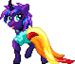 Size: 948x816 | Tagged: safe, artist:tihan, oc, oc only, oc:tihan, pony, unicorn, clothes, digital art, dress, female, horn, manepxls, mare, open mouth, pixel art, pxls.space, raised hoof, side view, simple background, smiling, solo, transparent background