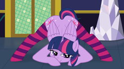 Size: 2750x1542 | Tagged: safe, alternate version, artist:ghostpikachu, derpibooru exclusive, twilight sparkle, alicorn, pony, g4, back, butt, clothes, face down ass up, female, horn, indoors, jack-o challenge, mare, meme, plot, socks, solo, striped socks, thigh highs, twilight sparkle (alicorn), twilight's castle, wings