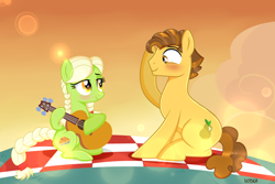 Size: 4000x2678 | Tagged: safe, artist:doraeartdreams-aspy, grand pear, granny smith, earth pony, pony, g4, alternate universe, base used, blushing, braid, duo, duo male and female, female, guitar, lens flare, male, mare, musical instrument, outdoors, picnic blanket, ship:pearsmith, shipping, stallion, straight, young grand pear, young granny smith, younger