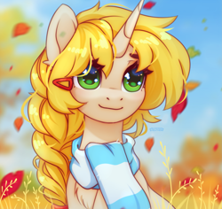 Size: 2649x2500 | Tagged: safe, artist:radioaxi, oc, oc only, oc:coppertone, fanfic:compatī, autumn, clothes, hairclip, leaves, outdoors, scarf, solo, striped scarf