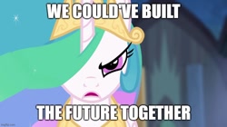 Size: 888x499 | Tagged: safe, edit, edited screencap, screencap, princess celestia, alicorn, g4, my little pony: friendship is magic, princess twilight sparkle (episode), season 4, caption, close-up, crown, ethereal mane, image macro, imgflip, jewelry, looking at you, meme, peytral, reference, regalia, spoilers for another series, text, transformers, transformers one