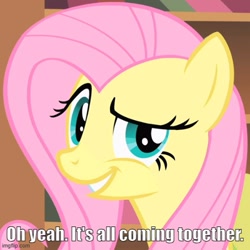 Size: 500x500 | Tagged: safe, edit, edited screencap, screencap, fluttershy, pegasus, pony, a bird in the hoof, g4, season 1, always works, caption, cropped, dreamworks face, female, image macro, imgflip, indoors, kronk, looking at you, mare, movie reference, text, the emperor's new groove