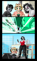 Size: 3200x5200 | Tagged: safe, artist:elcaballooscuro, oc, oc:elinvar, oc:inkenel, oc:oretha, pony, unicorn, anthro, city, cityscape, comic, female, giantess, growth, growth ray, horn, macro, micro, outdoors, shrink, shrink ray, shrinking, size difference