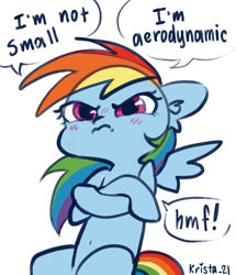 Size: 915x1064 | Tagged: safe, artist:krista-21, rainbow dash, pegasus, pony, g4, angry, blatant lies, blushing, crossed hooves, cute, dashabetes, denial, denial's not just a river in egypt, dissatisfied, female, its not small its compact!, madorable, mare, rainbow dash is short, simple background, small, smol, smoldash, solo, sulking, white background