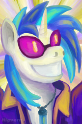 Size: 1200x1800 | Tagged: safe, artist:higvern, dj pon-3, vinyl scratch, unicorn, g4, abstract background, bust, disco elysium, horn, portrait, smiling