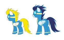 Size: 1000x625 | Tagged: safe, soarin', surprise (g4), pegasus, pony, g4, official, leak, butt, clothes, concept art, duo, duo male and female, female, male, mare, my little pony adventures, plot, rear view, simple background, smiling, soarass, stallion, transparent background, uniform, wonderbolts, wonderbolts uniform