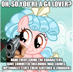 Size: 507x500 | Tagged: safe, edit, edited screencap, screencap, cozy glow, pegasus, pony, g4, at gunpoint, cozybetes, cozyposting, cropped, cute, gun, idiot, imgflip, impact font, lightly watermarked, meme, oh so you like x? name every y, outdoors, pointing at you, solo, suddenly hands, text, this will not end well, threatening, watermark, weapon