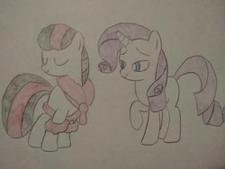 Size: 1040x780 | Tagged: safe, artist:arrowsweetie, rarity, oc, oc:red arrow, pegasus, pony, unicorn, g4, clothes, duo, eyes closed, female, horn, lidded eyes, looking at each other, looking at someone, mare, robe, smiling, smiling at each other, traditional art