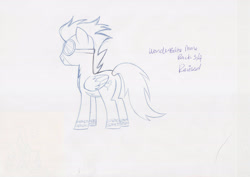 Size: 3507x2480 | Tagged: safe, pegasus, pony, g4, official, leak, clothes, concept art, male, my little pony adventures, pencil drawing, rear view, sketch, solo, stallion, traditional art, uniform, wonderbolts uniform