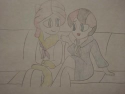 Size: 1040x780 | Tagged: safe, artist:arrowsweetie, rarity, oc, oc:red arrow, human, equestria girls, g4, clothes, duo, female, looking at each other, looking at someone, open mouth, open smile, robe, sitting, sitting together, smiling, smiling at each other, spa, steam room, towel, towel on head, traditional art