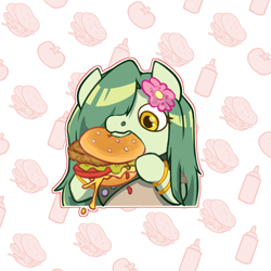 Size: 1350x1350 | Tagged: safe, artist:ladytremaine, oc, oc only, oc:lamey, lamia, original species, bracelet, burger, clothes, commission, eating, flower, flower in hair, food, gold bracelet, happy, jewelry, long mane, solo, ych result