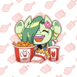 Size: 1350x1350 | Tagged: safe, artist:ladytremaine, oc, oc only, oc:lamey, lamia, original species, bracelet, chicken meat, clothes, commission, eating, eyes closed, flower, flower in hair, food, french fries, fried chicken, gold bracelet, happy, jewelry, kfc, long mane, meat, open mouth, ponies wanting to eat meat, soda, solo, ych result