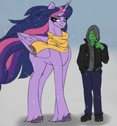 Size: 2622x2808 | Tagged: safe, artist:2hrnap, twilight sparkle, oc, oc:anon, alicorn, human, g4, boots, clothes, duo, duo male and female, eyelashes, eyeshadow, female, height difference, hoodie, jacket, lidded eyes, long legs, makeup, male, older, older twilight, older twilight sparkle (alicorn), pants, princess twilight 2.0, scarf, shoes, size difference, snow, snowfall, sternocleidomastoid, twilight sparkle (alicorn), unshorn fetlocks