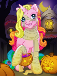 Size: 1800x2400 | Tagged: safe, artist:sparkytopia, rarity (g3), pony, unicorn, g3, blue eyes, candy, clothes, costume, female, food, halloween, halloween costume, holiday, horn, jack-o-lantern, looking at you, mare, multicolored hair, mummy costume, night, outdoors, pink coat, pumpkin, rainbow hair, signature, solo, ych example