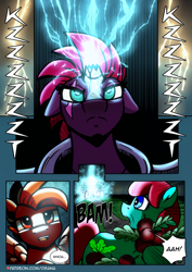 Size: 2481x3508 | Tagged: safe, artist:dsana, fizzlepop berrytwist, tempest shadow, oc, oc:aunt beet, oc:rust wing, earth pony, pegasus, pony, unicorn, comic:a storm's lullaby, g4, floppy ears, horn