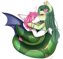 Size: 683x639 | Tagged: safe, artist:sutekinamimi, oc, oc only, oc:clumsy von heim, oc:lamey, lamia, original species, undead, vampire, vampony, blushing, closed species, cuddling, duo, gem eyed dracula race, kissing