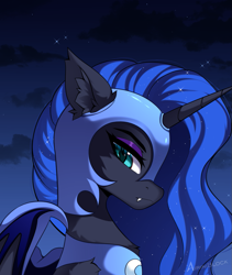 Size: 853x1009 | Tagged: safe, artist:airiniblock, nightmare moon, alicorn, pony, g4, armor, bat wings, chest fluff, cloud, ear fluff, eyebrows, fangs, female, horn, icon, jewelry, mare, night, outdoors, regalia, sky, solo, wings