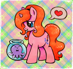 Size: 2644x2488 | Tagged: safe, artist:dariarchangel, oc, oc only, oc:dazha, octopus, pony, unicorn, g4, adorable face, blue eyes, c:, cute, cute face, cute smile, daaaaaaaaaaaw, female, female oc, fish bowl, friends, hairband, heart, horn, long tail, looking at each other, looking at someone, mare, ocbetes, open mouth, open smile, orange hair, orange mane, orange tail, patterned background, pet, pink coat, pony oc, shortie, small horn, smiling, smol, speech bubble, standing, sweet dreams fuel, tail, traditional art, unicorn oc, wavy hair, wavy mane, wavy tail, weapons-grade cute, wholesome