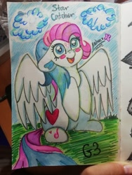 Size: 3120x4160 | Tagged: safe, artist:mashee, star catcher, pegasus, pony, g3, blushing, catcherbetes, colored, cute, heart, hooves up, light skin, smiling, solo, spread wings, traditional art, white coat, wings