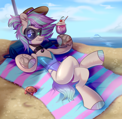 Size: 4000x3906 | Tagged: safe, artist:k0potb, oc, oc:wattlan leyn, earth pony, pony, beach, clothes, drink, drinking straw, one-piece swimsuit, outdoors, swimsuit