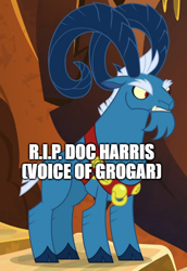 Size: 500x725 | Tagged: safe, edit, edited screencap, screencap, grogar, goat, g4, my little pony: friendship is magic, the beginning of the end, 2024, caption, cloven hooves, cropped, doc harris, image macro, in memoriam, male, rest in peace, solo, text, voice actor