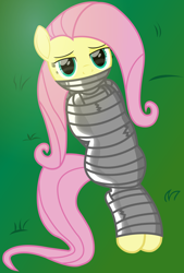 Size: 2000x2965 | Tagged: safe, artist:cardshark777, fluttershy, pegasus, pony, g4, bondage, bound and gagged, bound wings, digital art, female, femsub, fluttersub, gag, grass, hooves behind back, lidded eyes, looking at you, lying down, mare, mummification, mummified, mummy, pink mane, pink tail, shine, solo, submissive, tail, tape, tape bondage, tape gag, wings, wrapped up