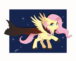 Size: 1600x1278 | Tagged: safe, artist:sion, part of a set, fluttershy, pegasus, pony, g4, cape, clothes, costume, cute, cute little fangs, fangs, female, floppy ears, halloween, halloween costume, mare, passepartout, raised hoof, solo, spread wings, vampire costume, wings