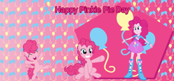 Size: 3577x1671 | Tagged: safe, artist:lizzmcclin, pinkie pie, earth pony, human, pony, equestria girls, g4, cutie mark, cutie mark background, female, pinkie pie day