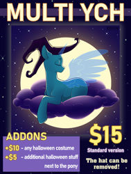 Size: 1514x2000 | Tagged: safe, alternate version, artist:erein, pony, advertisement, any gender, any species, clothes, cloud, commission, cute, ears up, eyes closed, hat, horn, lying down, moon, moonlight, night, sky, solo, spread wings, starry background, stars, wings, witch hat, ych example, ych sketch, your character here