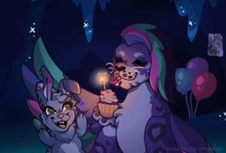 Size: 2133x1445 | Tagged: safe, artist:dragao_tecnologia, allura, twitch (g5), aq bars, big cat, leopard, rabbit, snow leopard, g5, adorallura, animal, balloon, cupcake, cute, digital art, eyes closed, fanart, food, happy, hat, open mouth, open smile, party hat, party horn, smiling, snep, torn ear, twitchbetes, unitober 2024