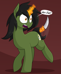 Size: 1420x1708 | Tagged: safe, artist:moonatik, oc, oc only, oc:grim fate, pony, unicorn, abstract background, female, horn, knife, magic, mare, solo, speech, speech bubble, talking, unicorn oc